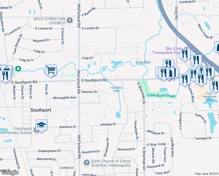 map of restaurants, bars, coffee shops, grocery stores, and more near 7015 Harmon Court in Indianapolis