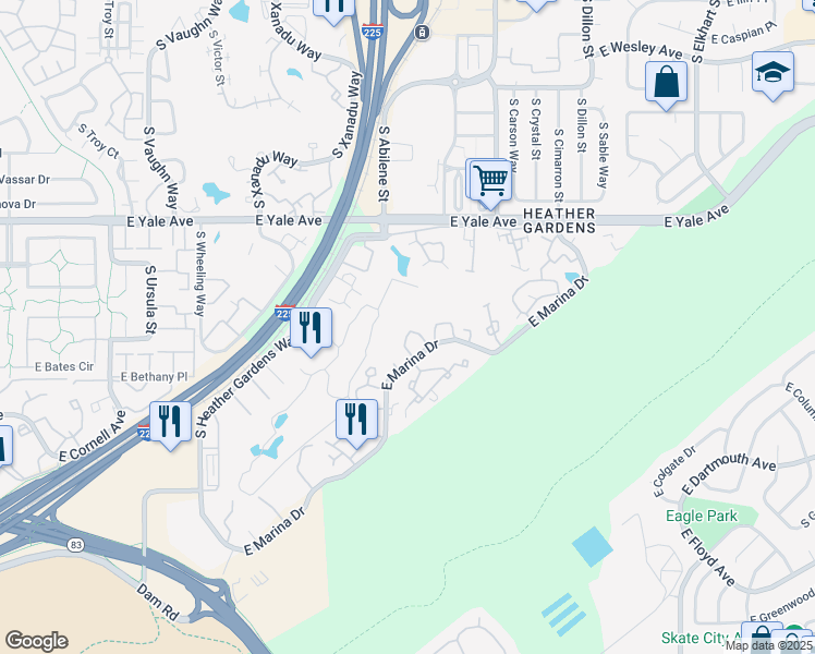 map of restaurants, bars, coffee shops, grocery stores, and more near 13931 East Marina Drive in Aurora