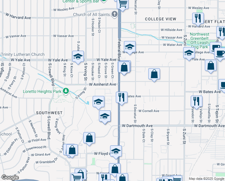 map of restaurants, bars, coffee shops, grocery stores, and more near 2870 South Pancratia Street in Denver