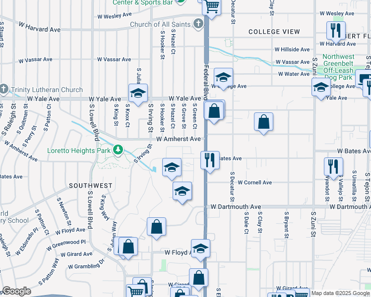 map of restaurants, bars, coffee shops, grocery stores, and more near 2850 South Pancratia Street in Denver