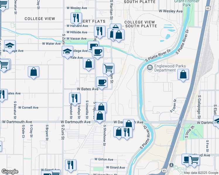 map of restaurants, bars, coffee shops, grocery stores, and more near 2895 South Raritan Street in Englewood