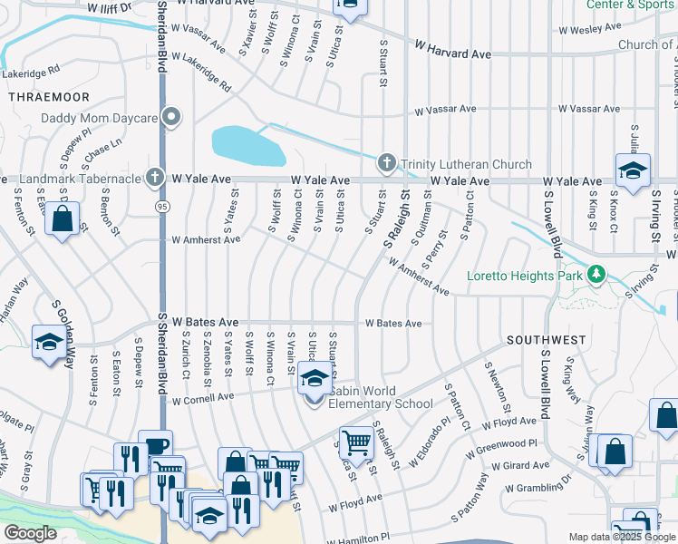 map of restaurants, bars, coffee shops, grocery stores, and more near 2807 South Stuart Street in Denver