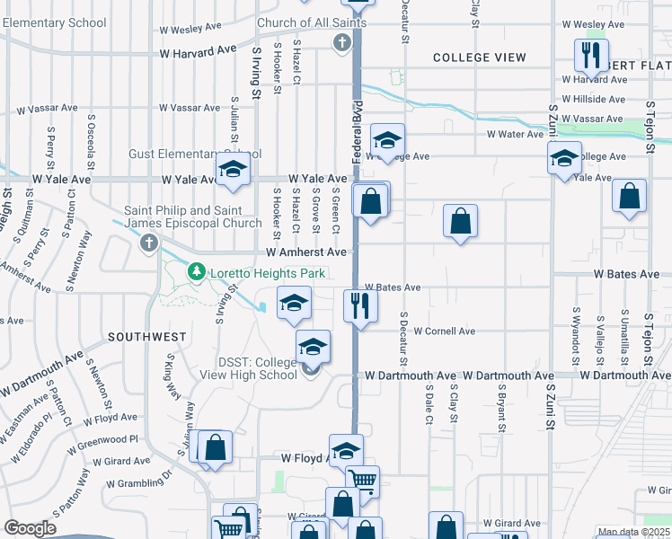 map of restaurants, bars, coffee shops, grocery stores, and more near 2868 South Pancratia Street in Denver