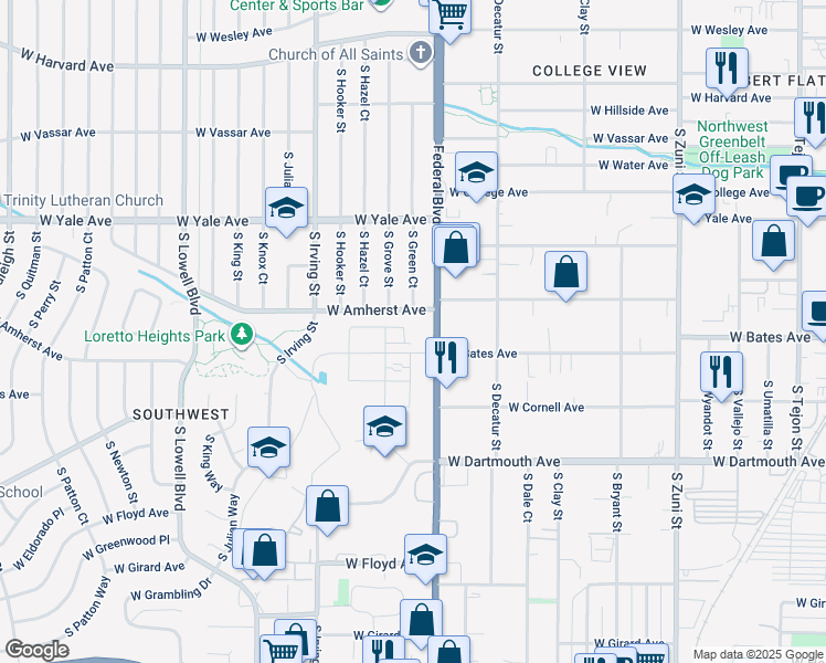 map of restaurants, bars, coffee shops, grocery stores, and more near 2868 South Pancratia Street in Denver
