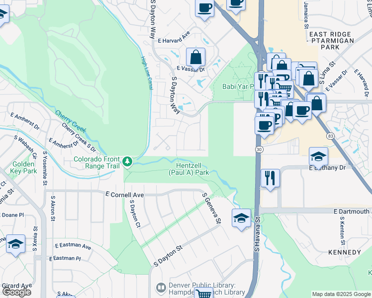 map of restaurants, bars, coffee shops, grocery stores, and more near 34 The Park in Denver