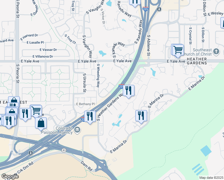 map of restaurants, bars, coffee shops, grocery stores, and more near 2869 South Xanadu Way in Aurora