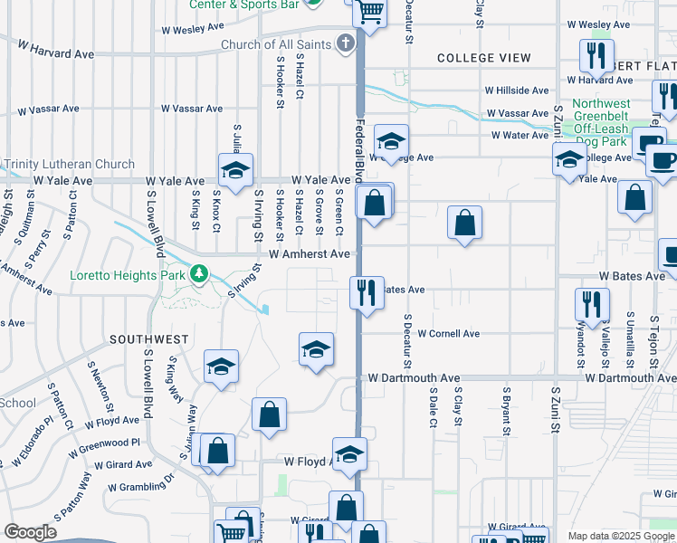 map of restaurants, bars, coffee shops, grocery stores, and more near in Denver
