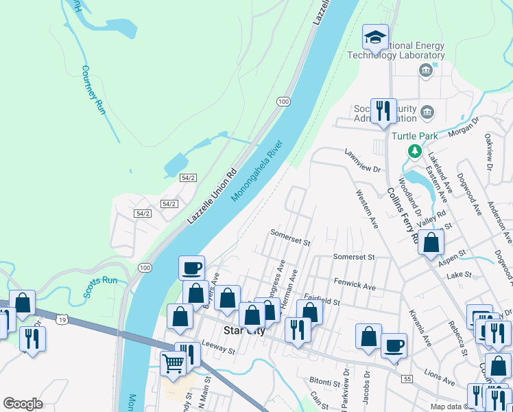 map of restaurants, bars, coffee shops, grocery stores, and more near 5312 University Commons Drive in Star City