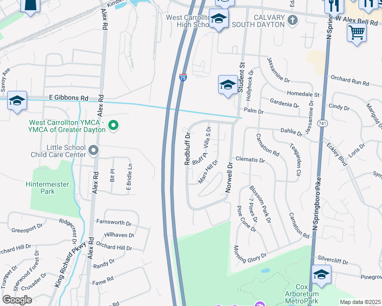 map of restaurants, bars, coffee shops, grocery stores, and more near 1221 Redbluff Drive in Dayton