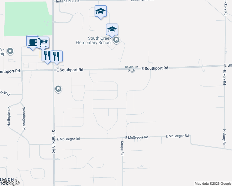 map of restaurants, bars, coffee shops, grocery stores, and more near 9009 East Southport Road in Indianapolis