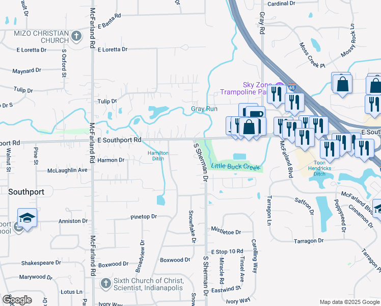 map of restaurants, bars, coffee shops, grocery stores, and more near 3725 East Southport Road in Indianapolis