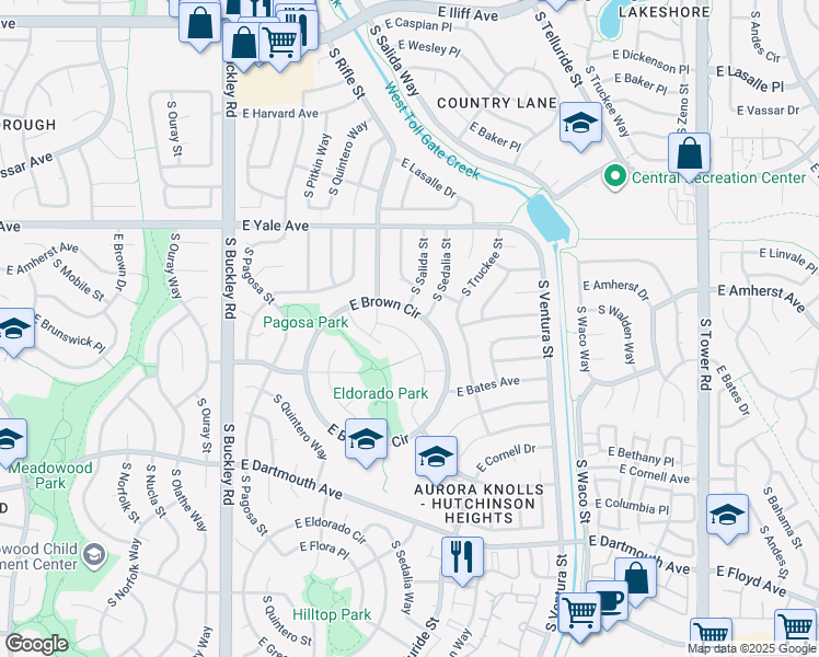 map of restaurants, bars, coffee shops, grocery stores, and more near 17501 East Brunswick Place in Aurora