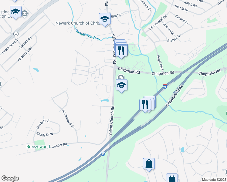 map of restaurants, bars, coffee shops, grocery stores, and more near 186 Salem Church Road in Newark