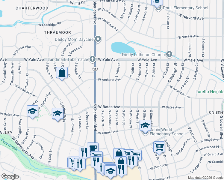 map of restaurants, bars, coffee shops, grocery stores, and more near 2832 South Zenobia Street in Denver