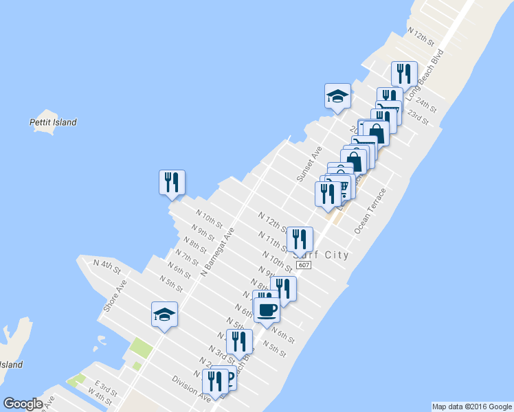 map of restaurants, bars, coffee shops, grocery stores, and more near 289 North 12th Street in Surf City