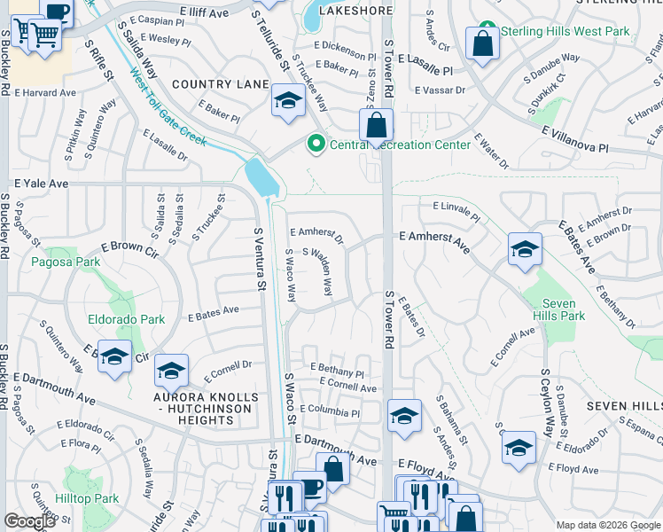 map of restaurants, bars, coffee shops, grocery stores, and more near 2814 South Walden Way in Aurora