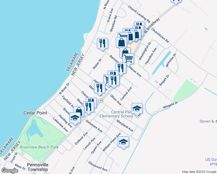 map of restaurants, bars, coffee shops, grocery stores, and more near 177 North Broadway in Pennsville Township