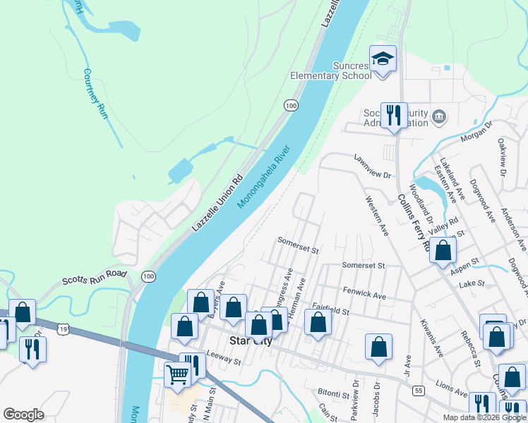map of restaurants, bars, coffee shops, grocery stores, and more near 5312 University Commons Drive in Star City
