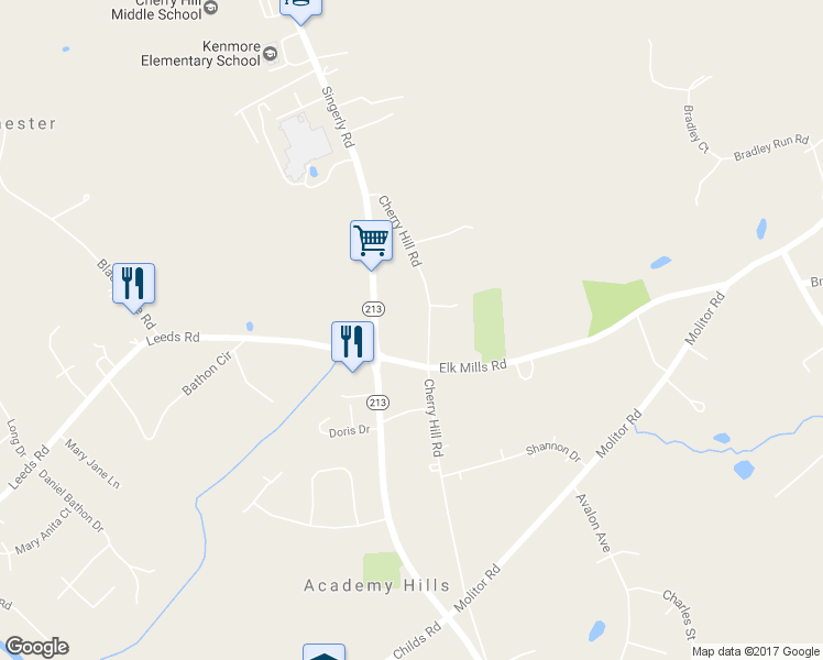 map of restaurants, bars, coffee shops, grocery stores, and more near 309 Cherry Hill Road in Elkton
