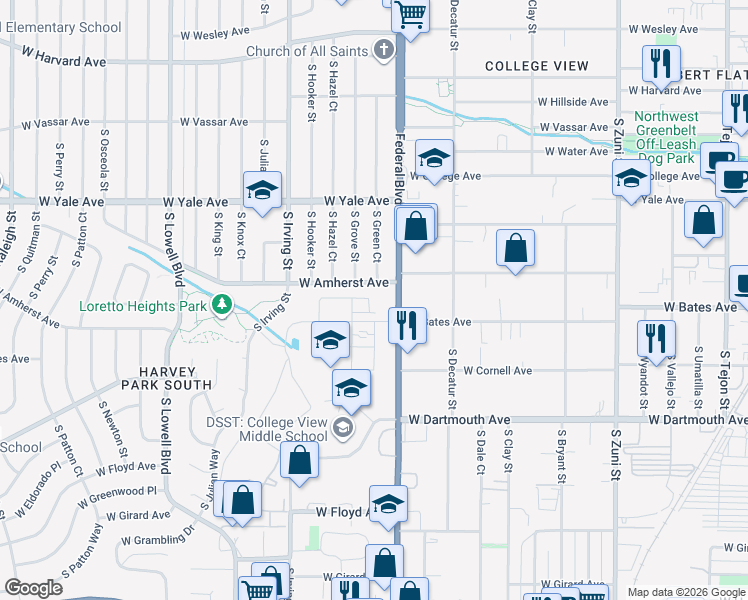 map of restaurants, bars, coffee shops, grocery stores, and more near 2866 South Pancratia Street in Denver