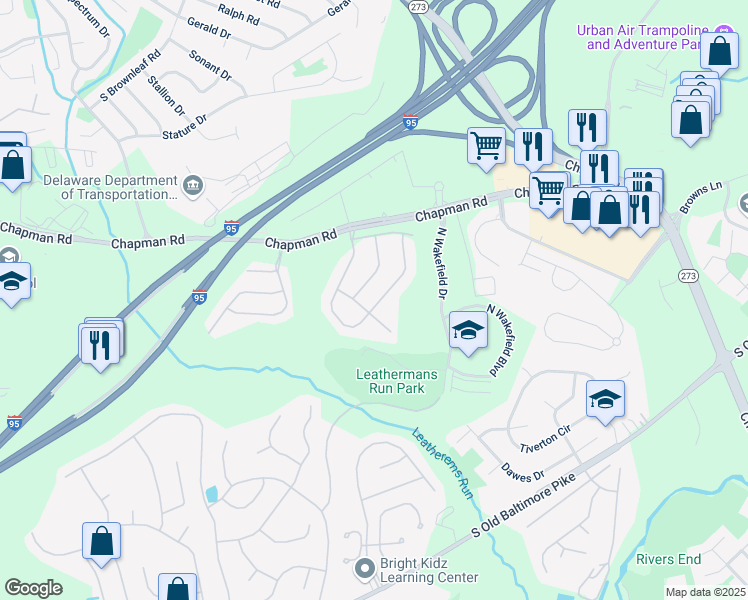 map of restaurants, bars, coffee shops, grocery stores, and more near 401 East Kyla Marie Drive in Newark
