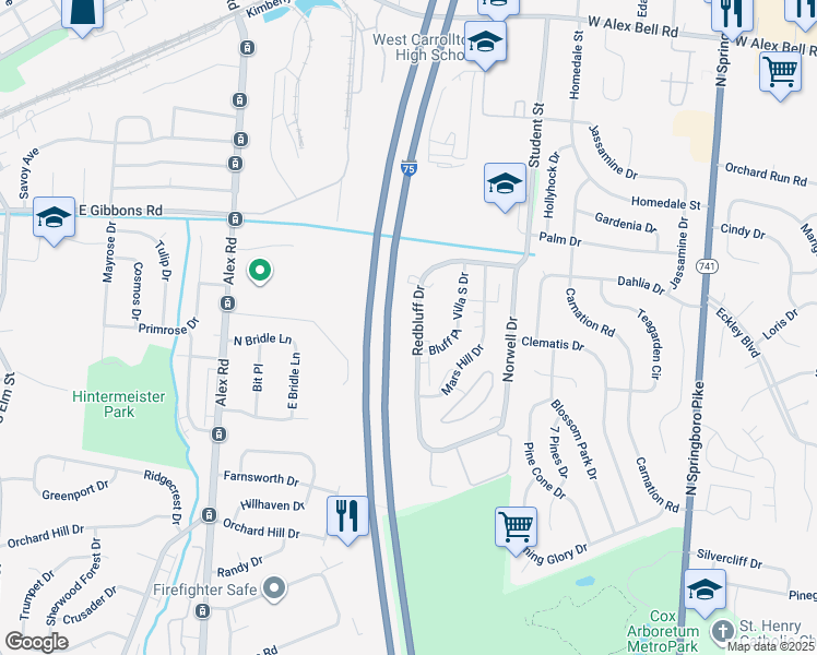 map of restaurants, bars, coffee shops, grocery stores, and more near 1221 Redbluff Drive in Dayton
