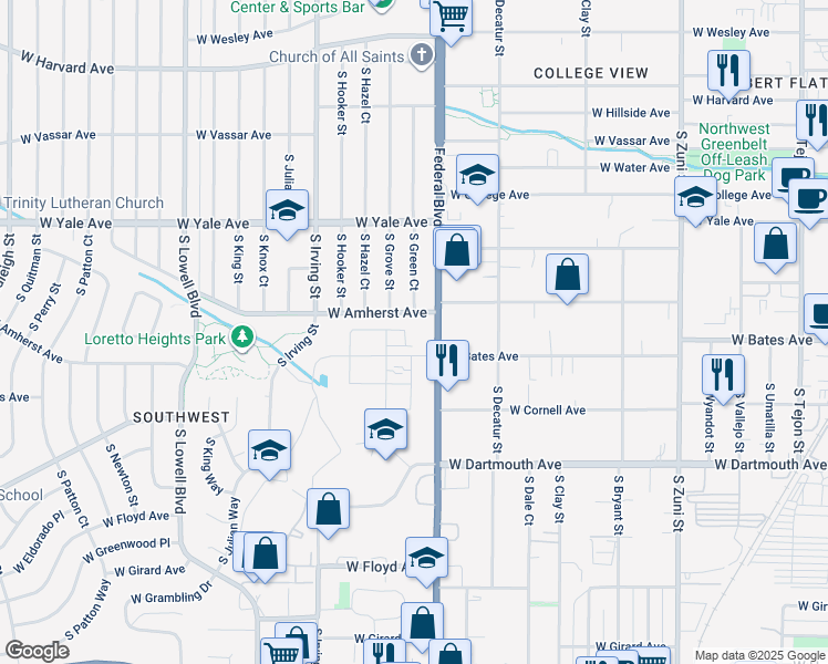 map of restaurants, bars, coffee shops, grocery stores, and more near 2866 South Pancratia Street in Denver