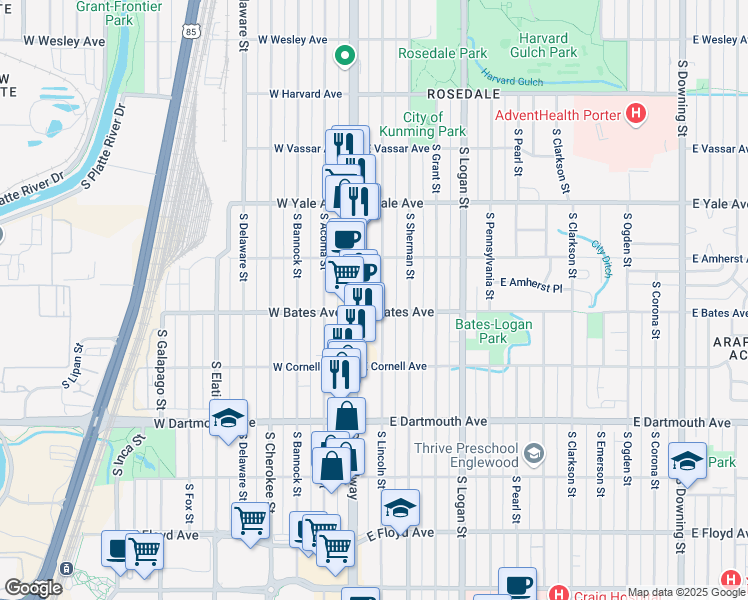 map of restaurants, bars, coffee shops, grocery stores, and more near 2877 S Lincoln St in Englewood