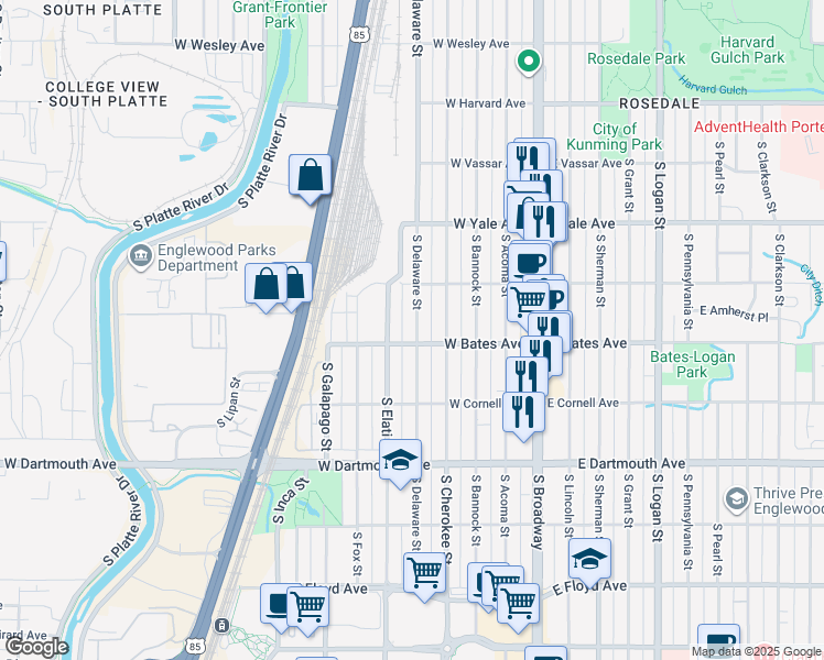 map of restaurants, bars, coffee shops, grocery stores, and more near 2875 South Delaware Street in Englewood