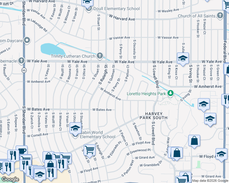 map of restaurants, bars, coffee shops, grocery stores, and more near 2790 South Perry Street in Denver