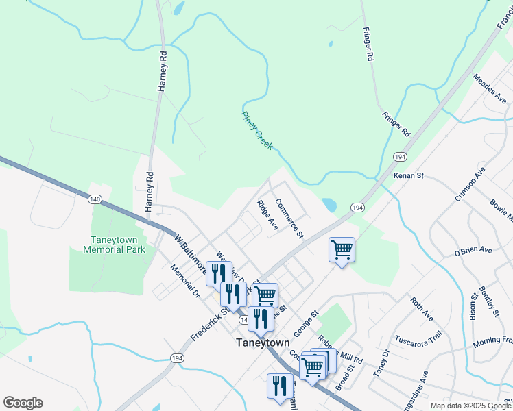 map of restaurants, bars, coffee shops, grocery stores, and more near 115 Ridge Avenue in Taneytown