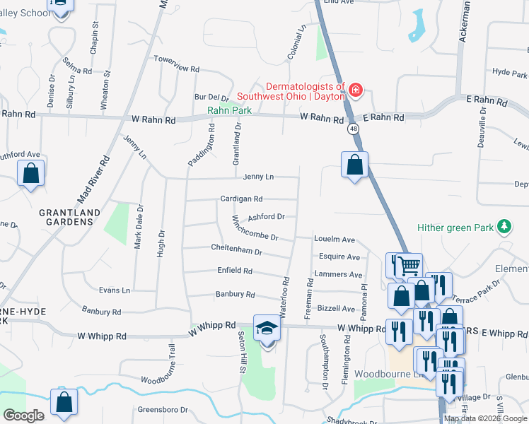 map of restaurants, bars, coffee shops, grocery stores, and more near 141 Ashford Drive in Woodbourne-Hyde Park