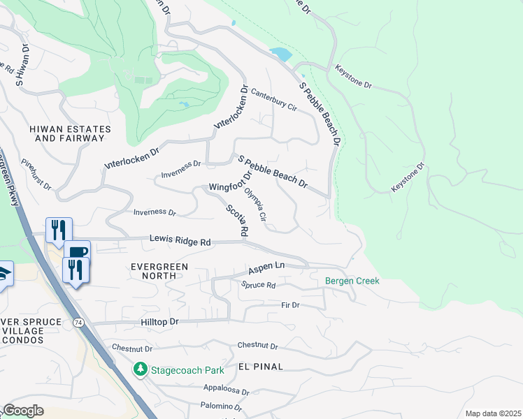 map of restaurants, bars, coffee shops, grocery stores, and more near 2999 Olympia Circle in Evergreen