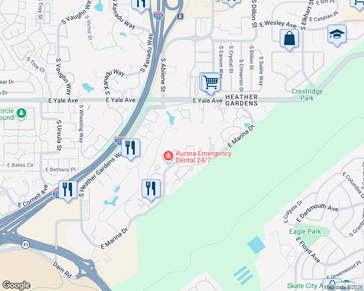 map of restaurants, bars, coffee shops, grocery stores, and more near 13961 East Marina Drive in Aurora