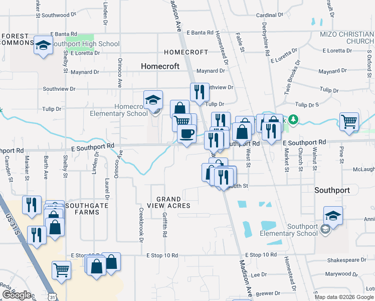 map of restaurants, bars, coffee shops, grocery stores, and more near 1625 East Southport Road in Indianapolis