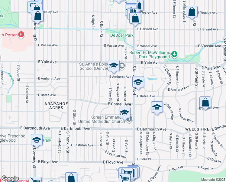 map of restaurants, bars, coffee shops, grocery stores, and more near 2890 South Vine Street in Denver