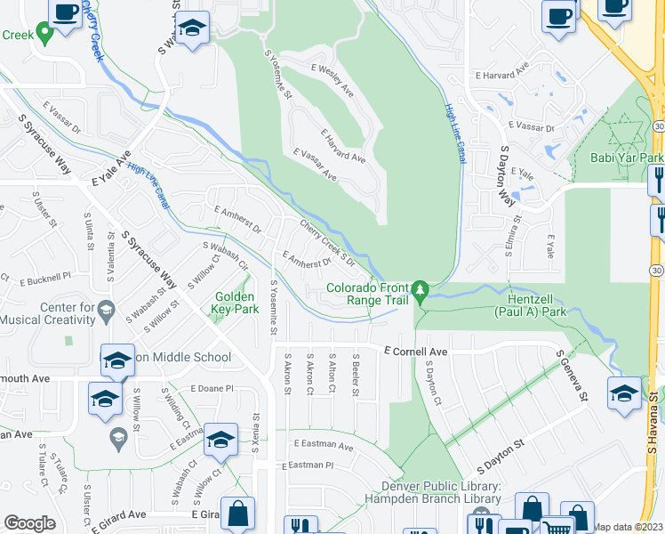 map of restaurants, bars, coffee shops, grocery stores, and more near 9142 East Amherst Drive in Denver