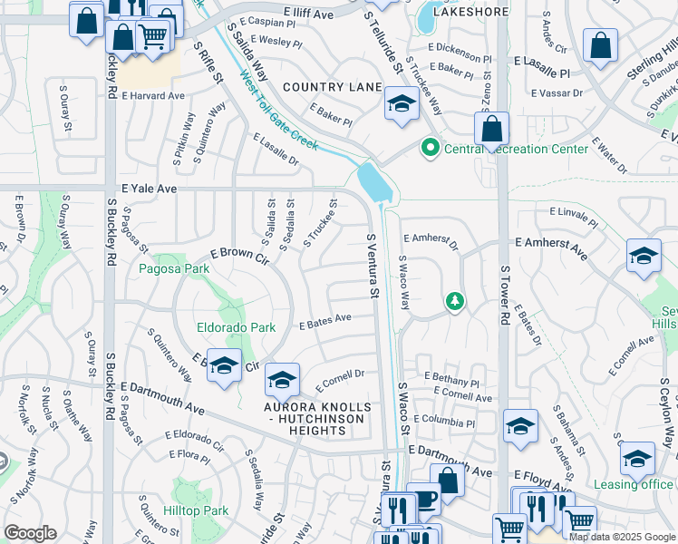 map of restaurants, bars, coffee shops, grocery stores, and more near 17978 East Amherst Avenue in Aurora
