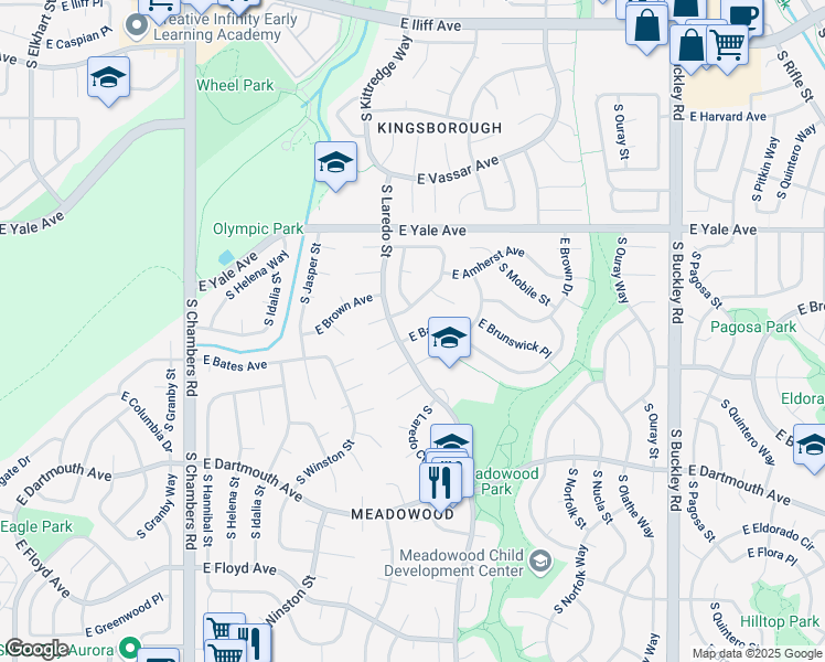 map of restaurants, bars, coffee shops, grocery stores, and more near 15983 East Bates Place in Aurora