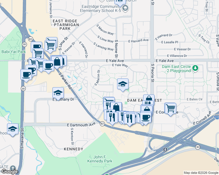 map of restaurants, bars, coffee shops, grocery stores, and more near 2911 South Newark Place in Aurora
