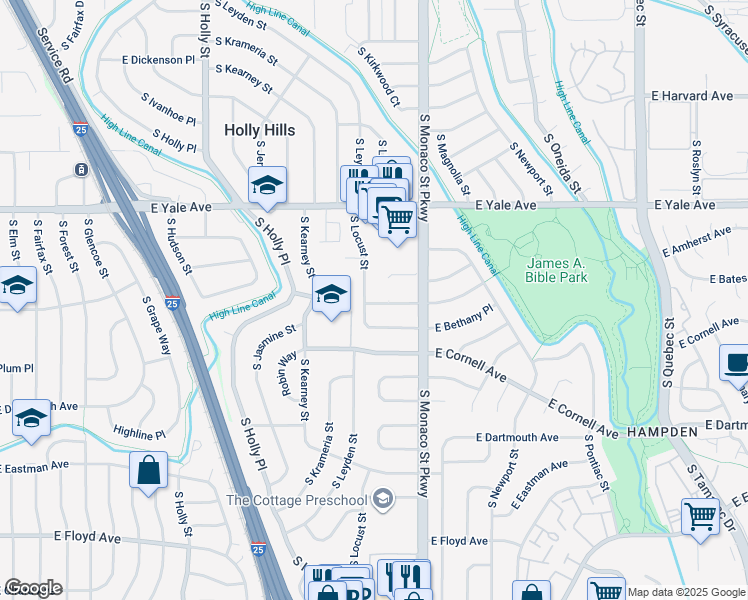 map of restaurants, bars, coffee shops, grocery stores, and more near 6434 East Bates Avenue in Denver