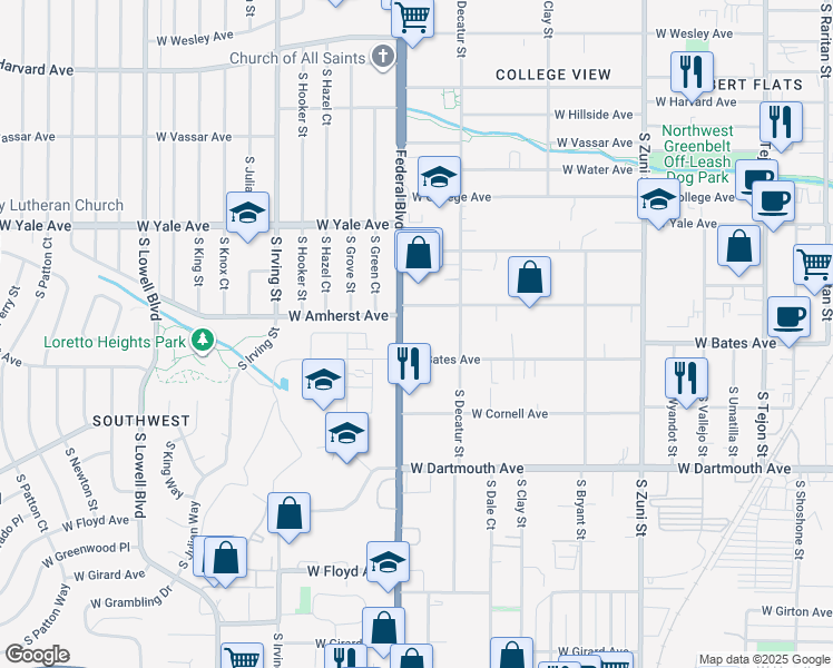 map of restaurants, bars, coffee shops, grocery stores, and more near 2850 South Federal Boulevard in Denver