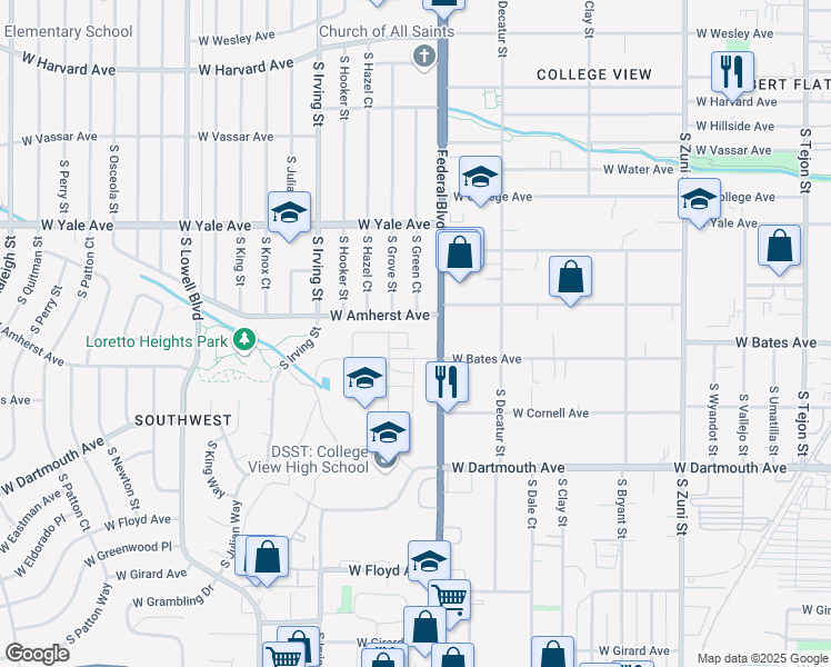 map of restaurants, bars, coffee shops, grocery stores, and more near in Denver