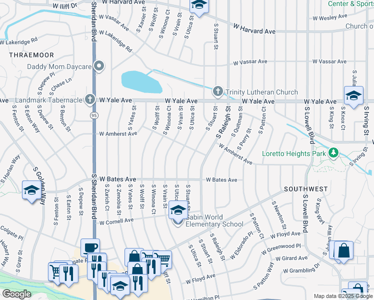 map of restaurants, bars, coffee shops, grocery stores, and more near 2807 South Stuart Street in Denver