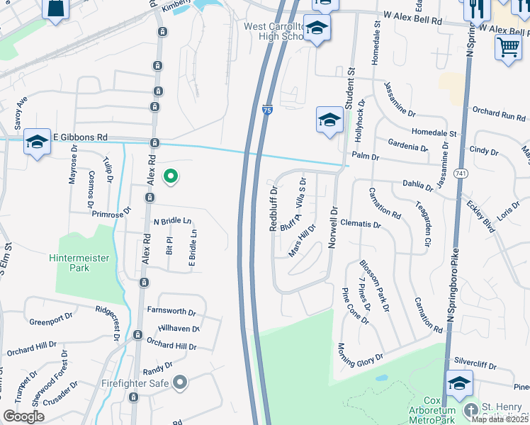 map of restaurants, bars, coffee shops, grocery stores, and more near 1221 Redbluff Drive in Dayton