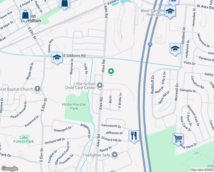 map of restaurants, bars, coffee shops, grocery stores, and more near 431 North Bridle Lane in Dayton