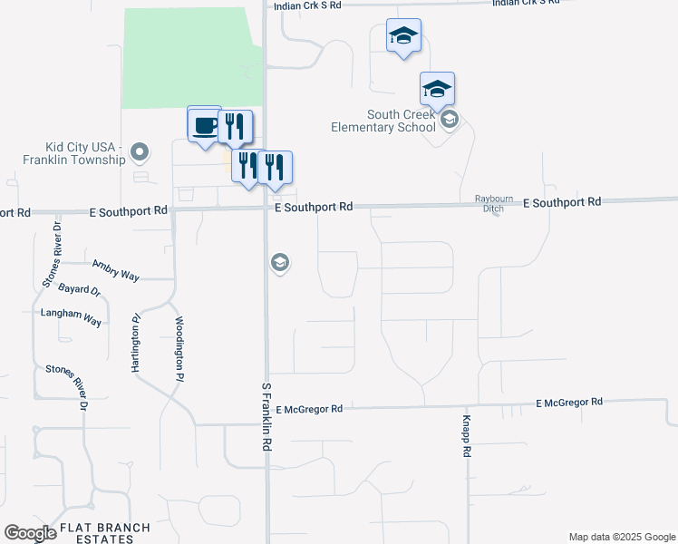map of restaurants, bars, coffee shops, grocery stores, and more near 7021 South Franklin Road in Indianapolis