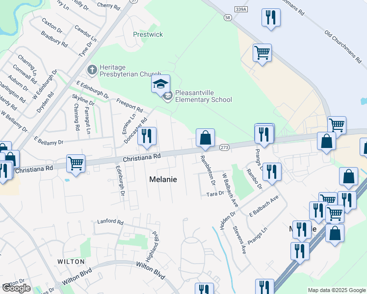 map of restaurants, bars, coffee shops, grocery stores, and more near 182 Christiana Road in New Castle