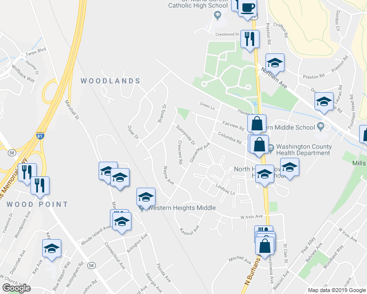 map of restaurants, bars, coffee shops, grocery stores, and more near 1234 Crescent Road in Hagerstown
