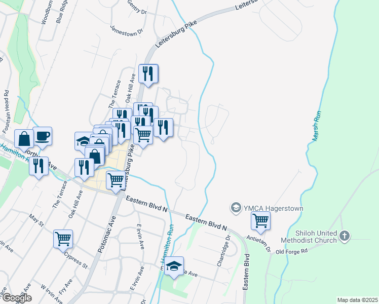 map of restaurants, bars, coffee shops, grocery stores, and more near 12806 Little Elliott Drive in Hagerstown